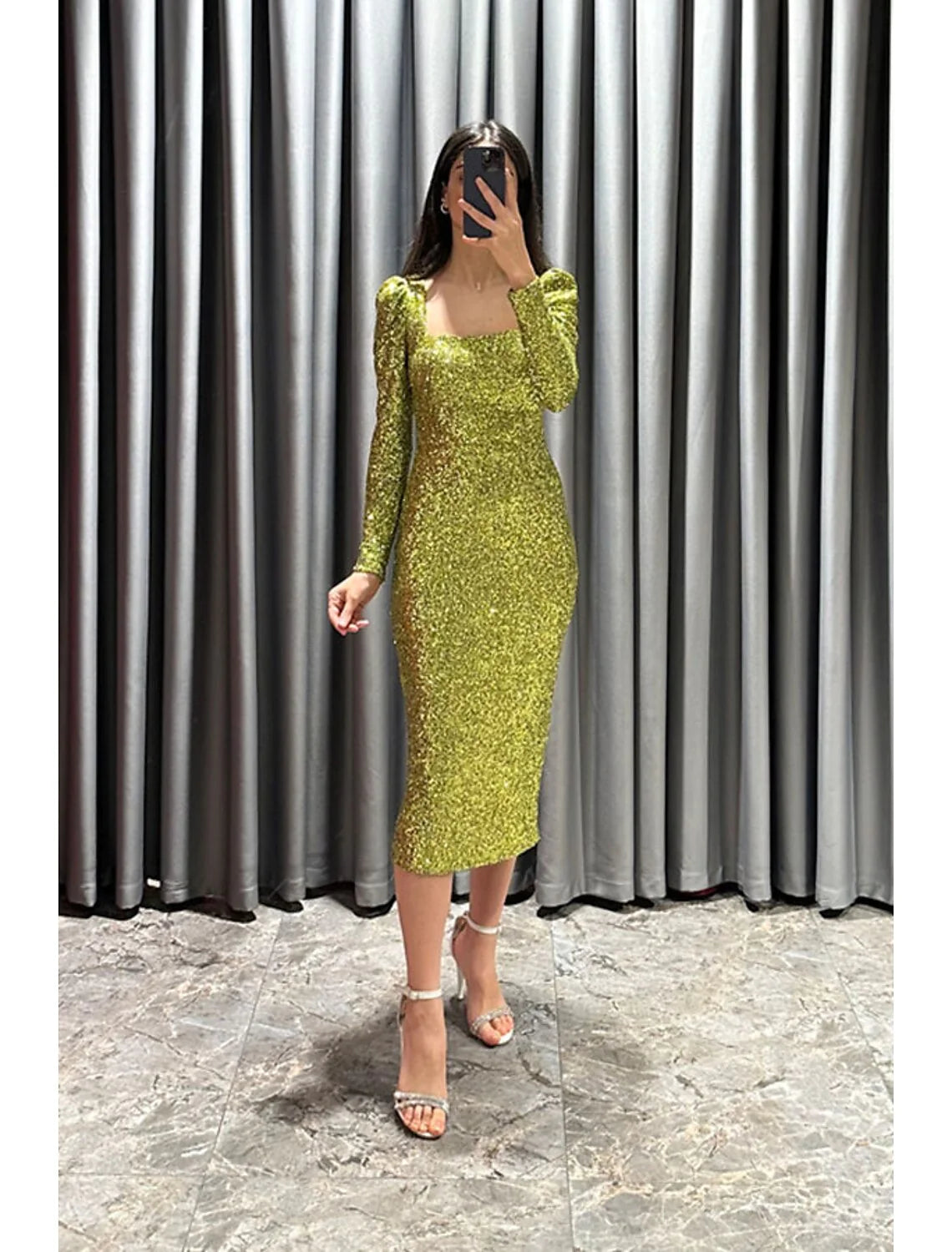 Evening Gown Elegant Black Dress Formal Fall Tea Length Long Sleeve Square Neck Sequined with Glitter Slit