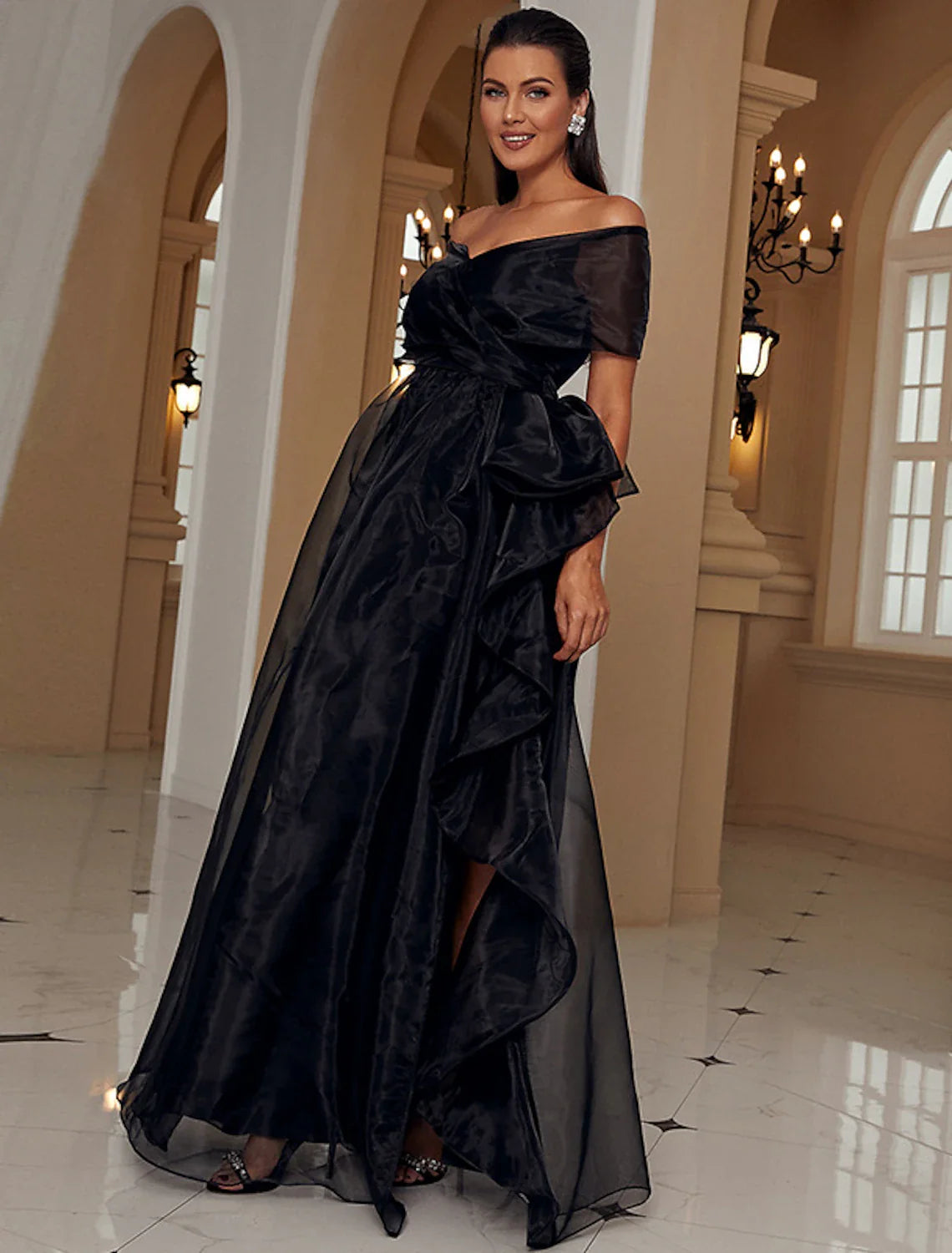 Evening Gown Sexy Dress Formal Wedding Guest Floor Length Short Sleeve Off Shoulder Wednesday Addams Family Polyester with Ruffles Slit