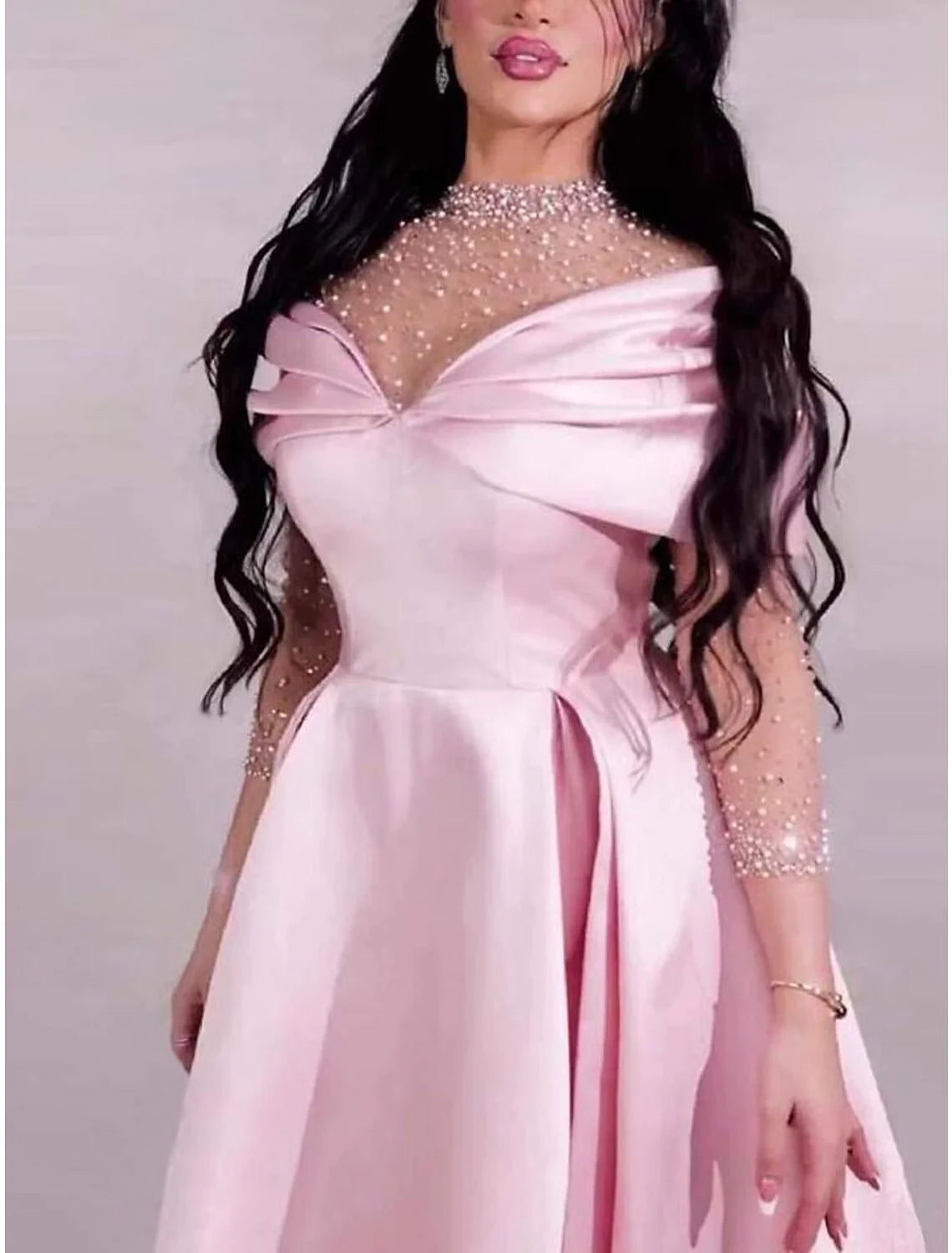 Evening Gown Elegant Dress Formal Prom Floor Length Short Sleeve Sweetheart Satin with Ruched Pearls Crystals