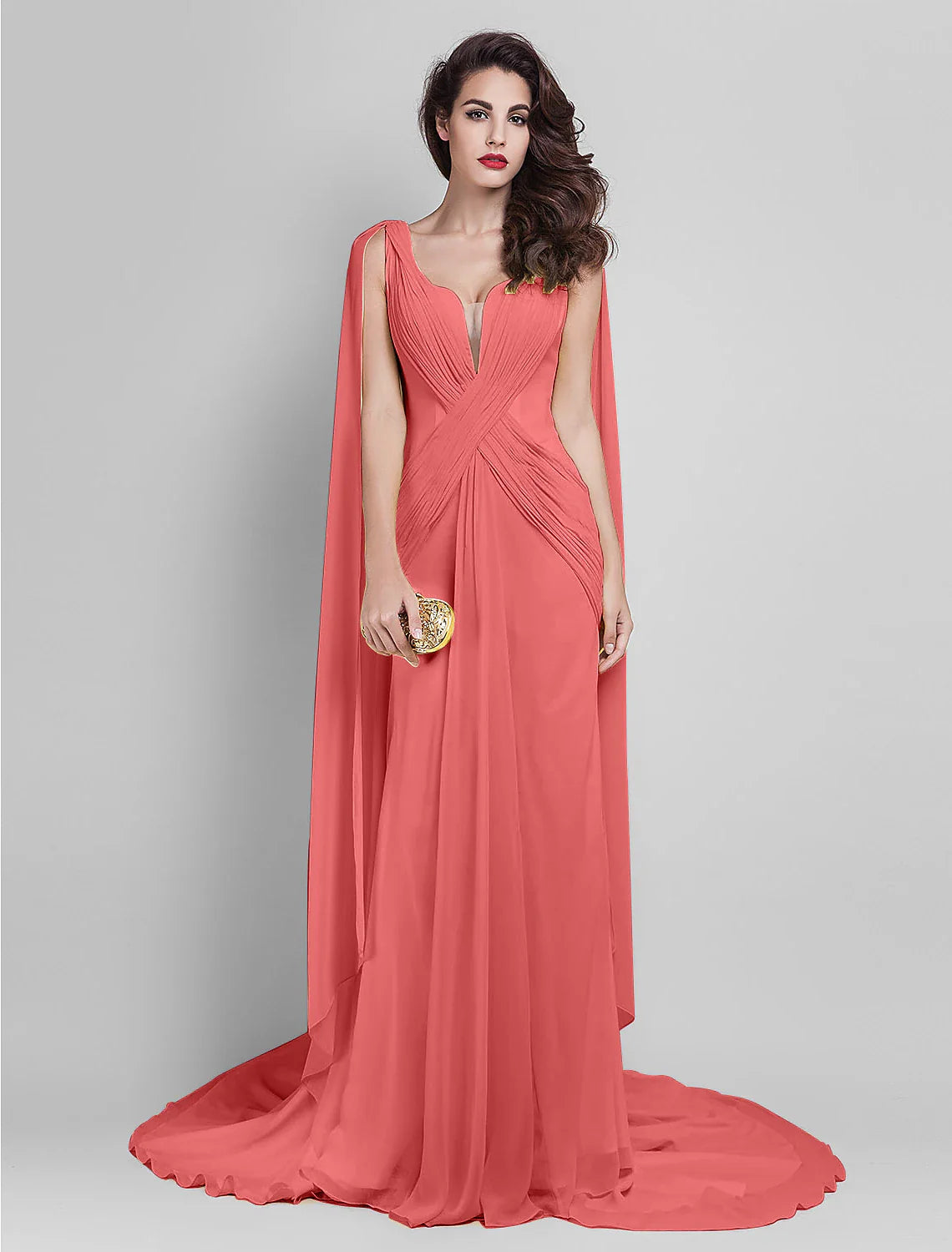 Evening Dress Wedding Guest Prom Court Train Sleeveless Plunging Neck Georgette V Back with Criss Cross Side Draping