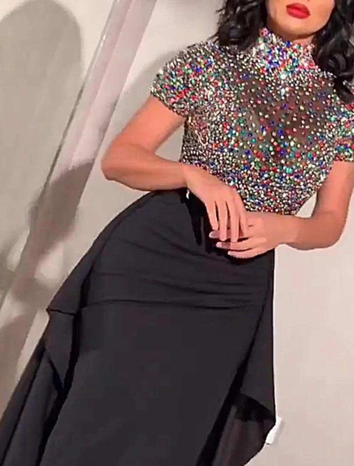 Weitese Women's Black Sequin Dress Prom Dress Party Dress Sparkly Dress Long Dress Maxi Dress Black Short Sleeve Color Block Summer Spring Fall Turtleneck Fashion Evening