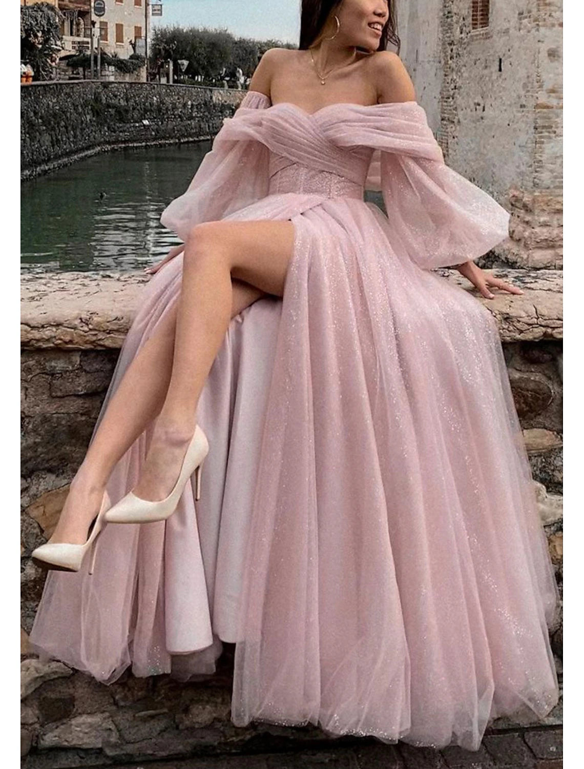 A-Line Evening Dresses Corsets Dress Formal Wedding Party Dress Floor Length Long Sleeve Off Shoulder Tulle