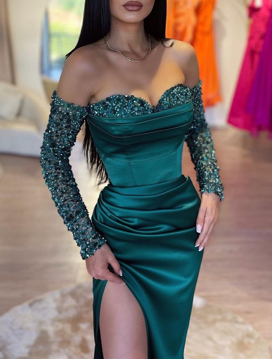 Mermaid Dress Evening Gown Red Green Dress Formal Masquerade Sweep / Brush Train Long Sleeve Off Shoulder Sequined