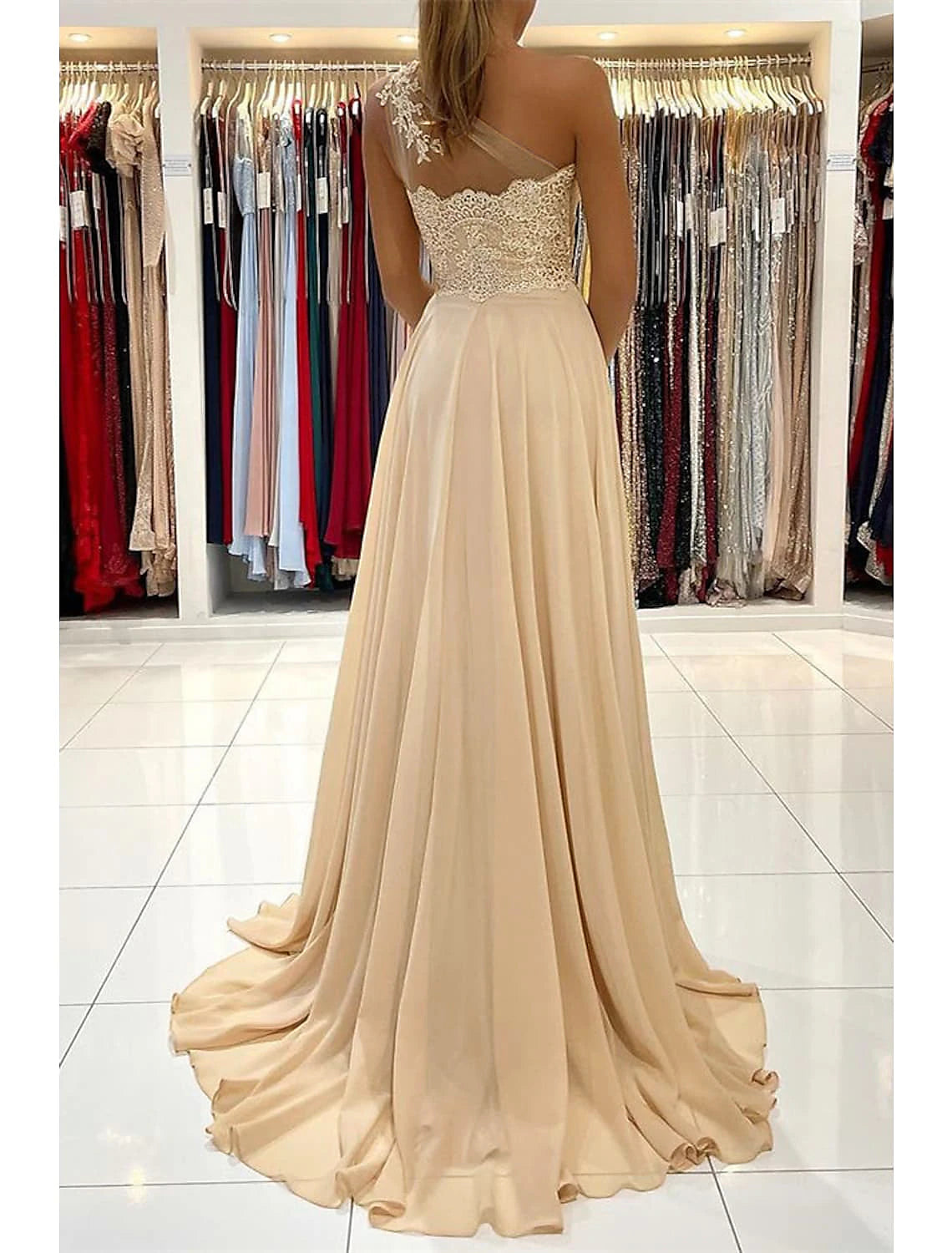 A-Line Evening Dresses Sexy Dress Formal Wedding Guest Court Train Sleeveless One Shoulder Chiffon