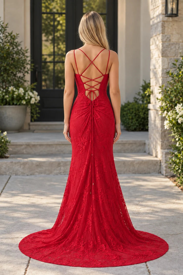 Red Lace Mermaid V-Neck Lace-Up Back Floor Length Dress