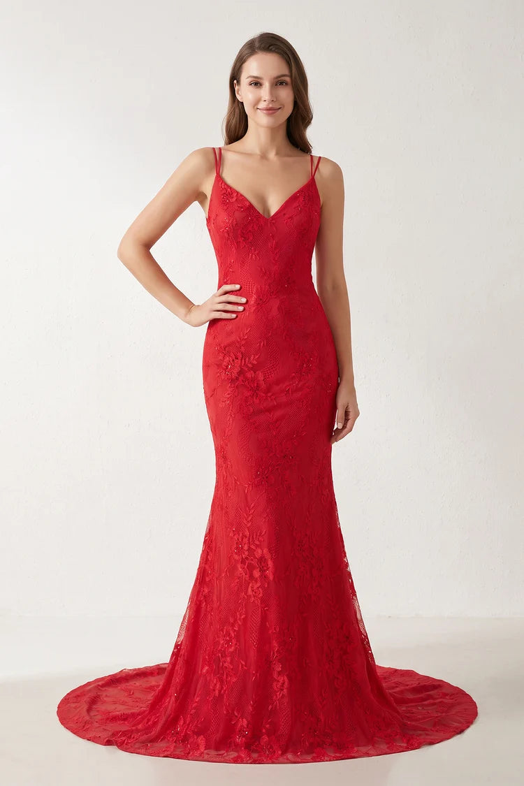 Red Lace Mermaid V-Neck Lace-Up Back Floor Length Dress