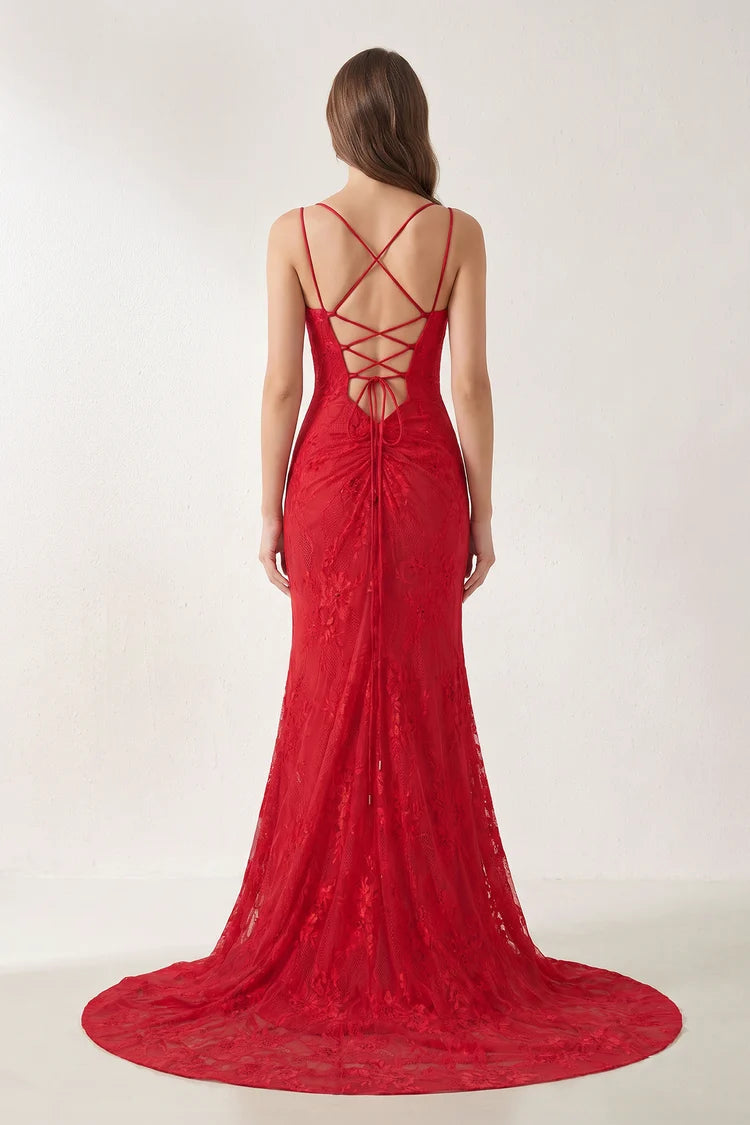 Red Lace Mermaid V-Neck Lace-Up Back Floor Length Dress