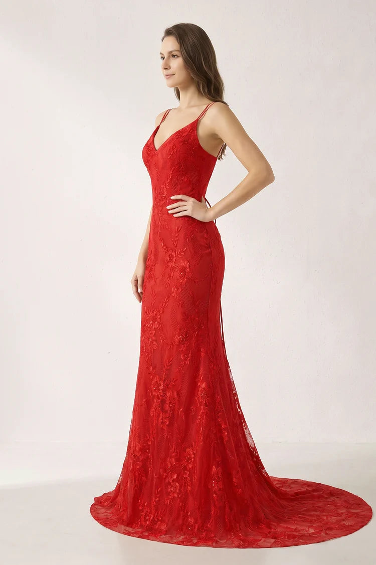 Red Lace Mermaid V-Neck Lace-Up Back Floor Length Dress