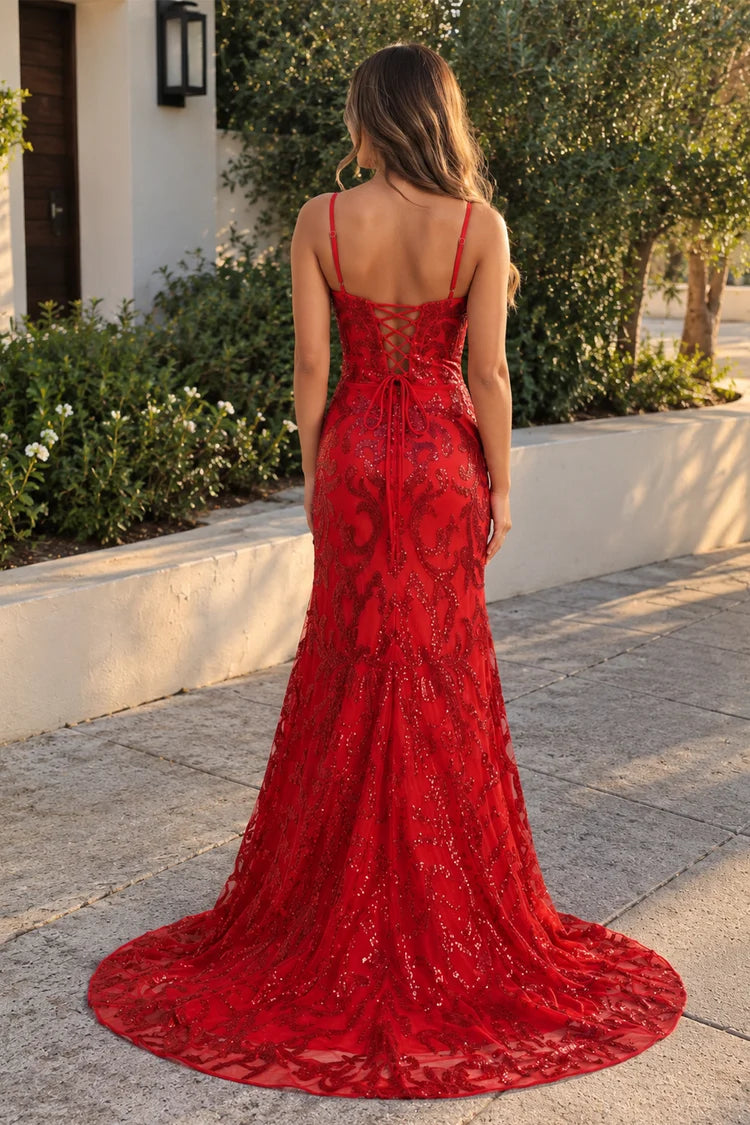 Red Sequin Mermaid Sweetheart Lace-Up Back Floor-Length Dress