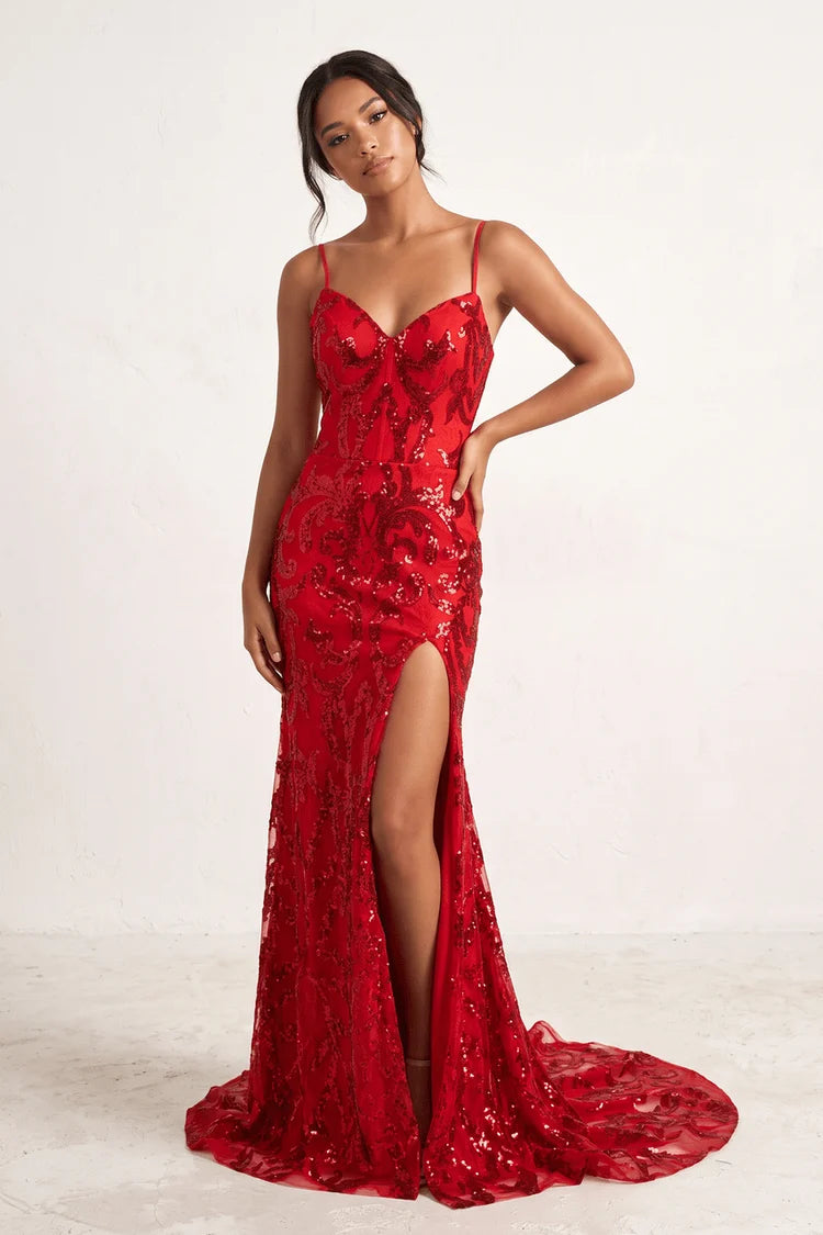 Red Sequin Mermaid Sweetheart Lace-Up Back Floor-Length Dress