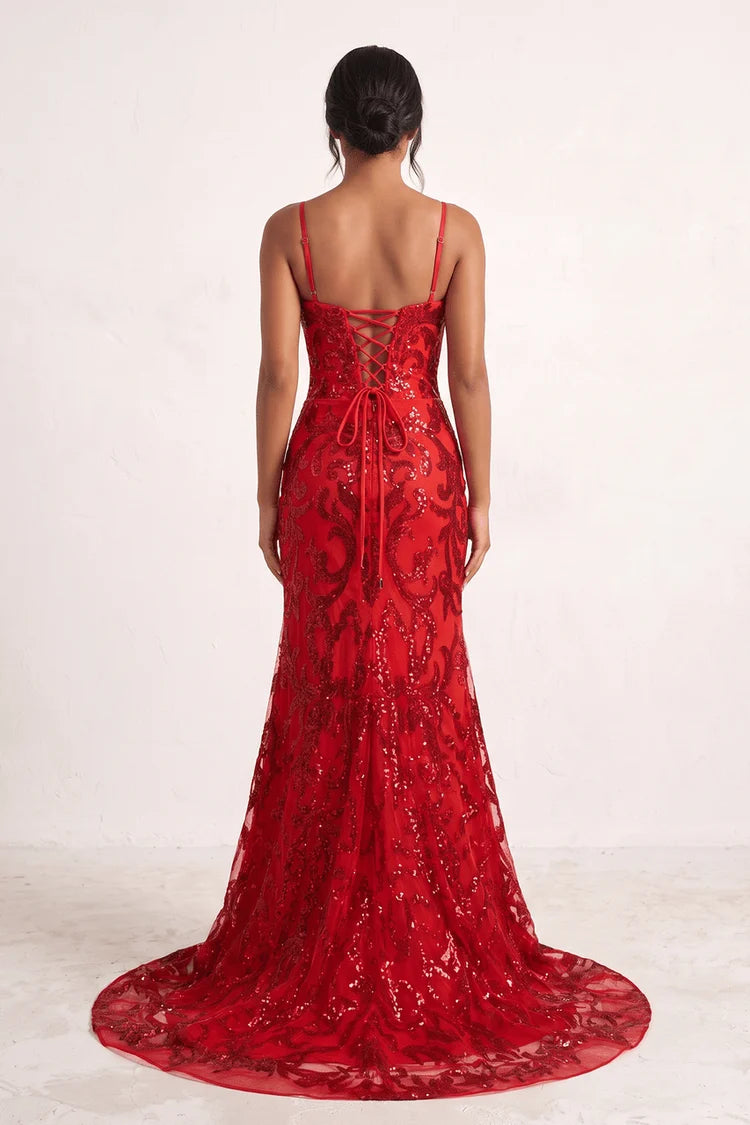 Red Sequin Mermaid Sweetheart Lace-Up Back Floor-Length Dress