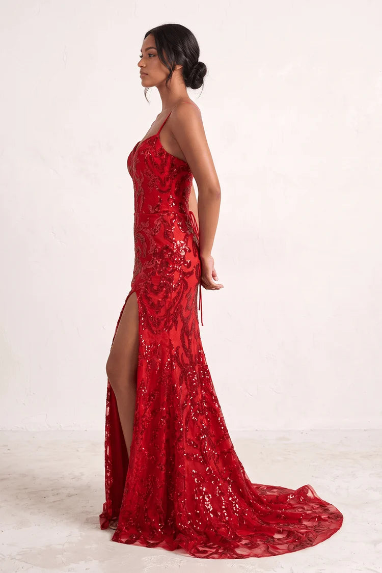 Red Sequin Mermaid Sweetheart Lace-Up Back Floor-Length Dress