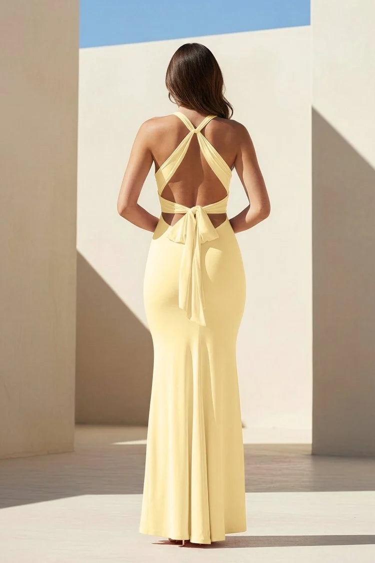 Halter twist front open back tie waist mermaid gown