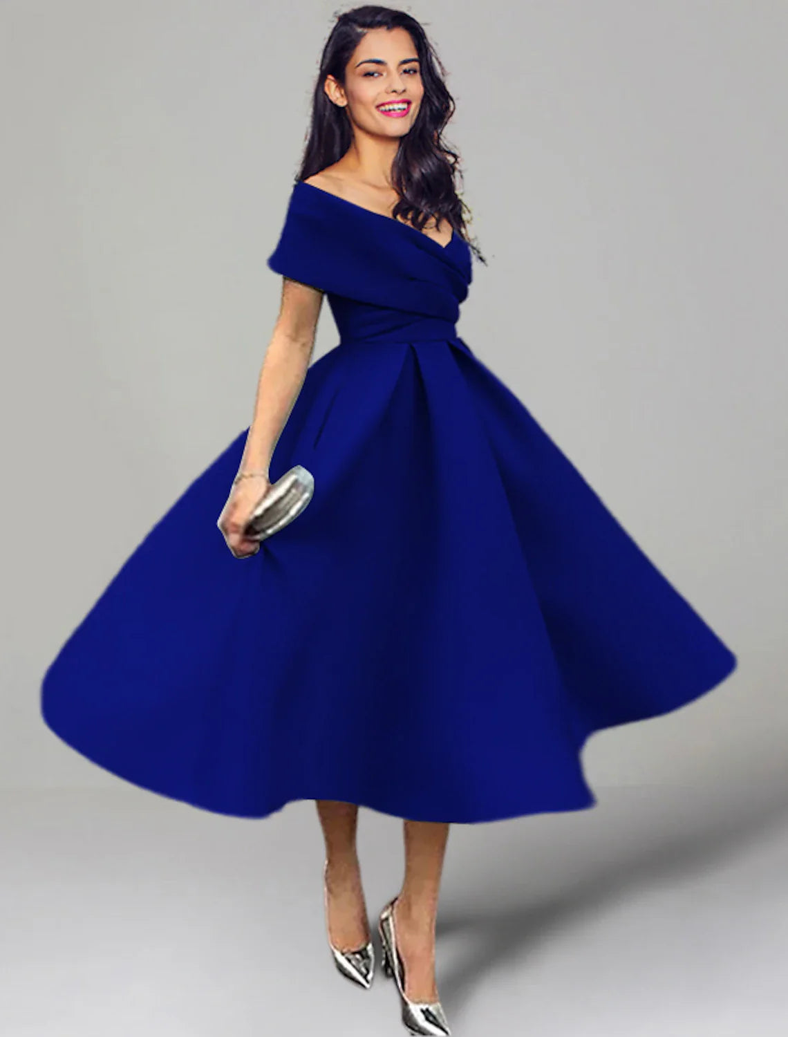 A-Line Wedding Guest Party Dress Vintage Dress Summer Semi Formal Tea Length Sleeveless Off Shoulder Satin