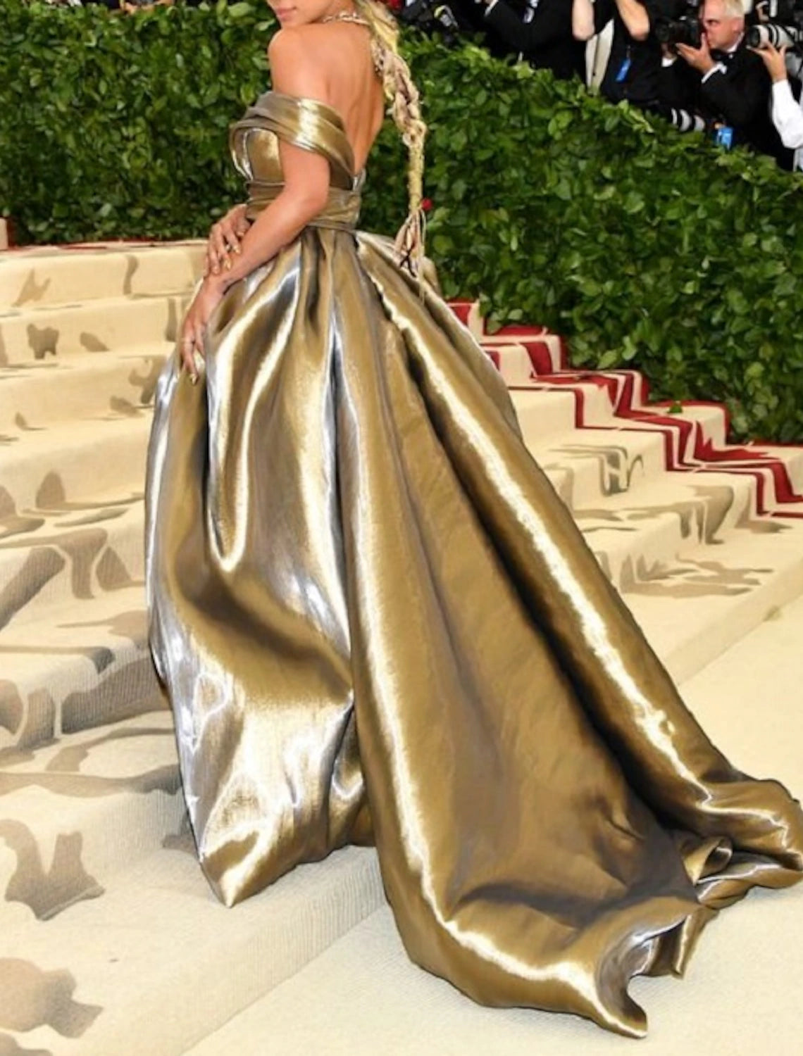 A-Line Evening Gown Gold Prom Dress Carnival Celebrity Sparkle Dress Floor Length Sleeveless Off Shoulder Satin