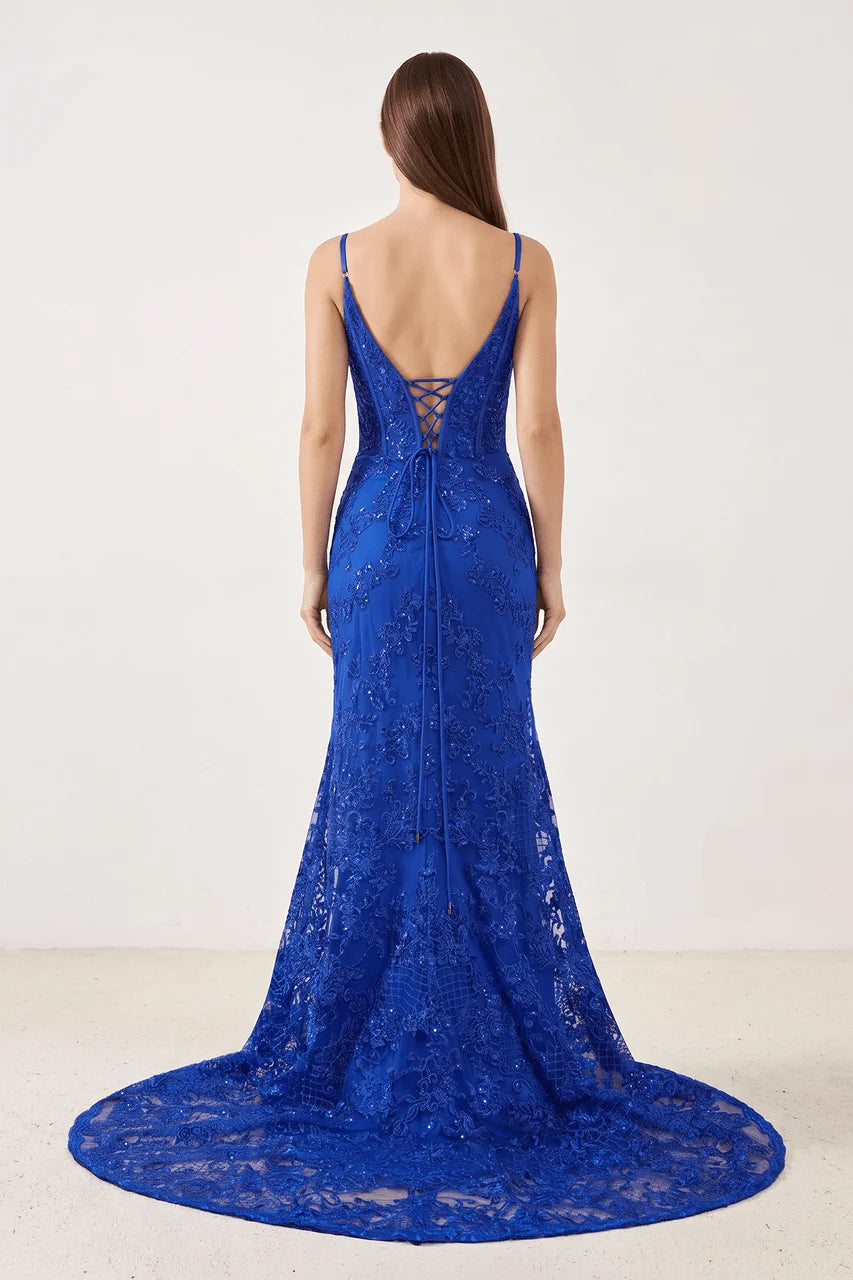 Royal Blue Sequin Lace Mermaid V-Neck Lace-Up Back Floor-Length Dress