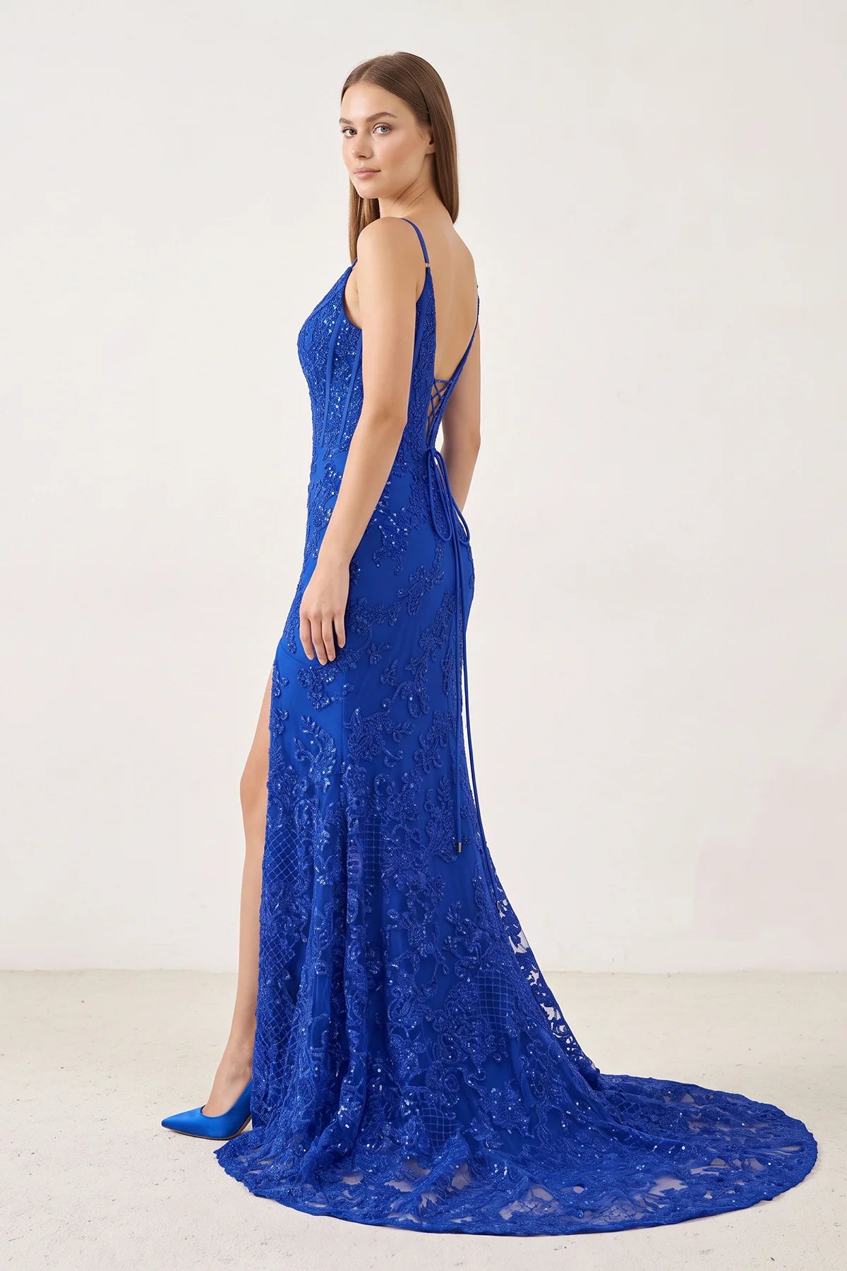Royal Blue Sequin Lace Mermaid V-Neck Lace-Up Back Floor-Length Dress