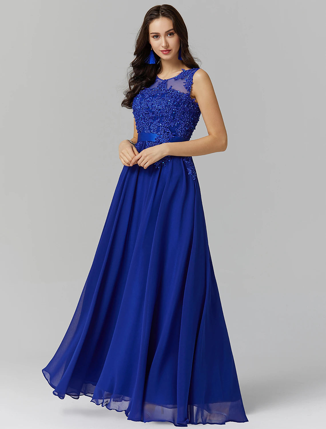 Weitese A-Line Evening Gown Elegant Dress Wedding Guest Prom Floor Length Sleeveless Illusion Neck Bridesmaid Dress Georgette with Appliques