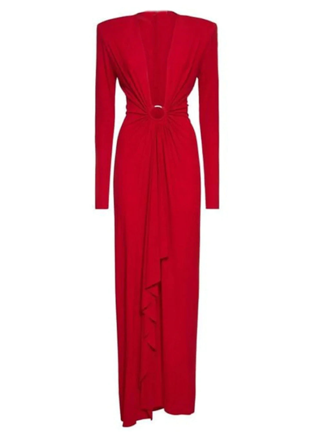 Evening Gown Elegant Dress Formal Ankle Length Christmas Red Green Dress Long Sleeve V Neck Stretch Chiffon with Pleats Slit