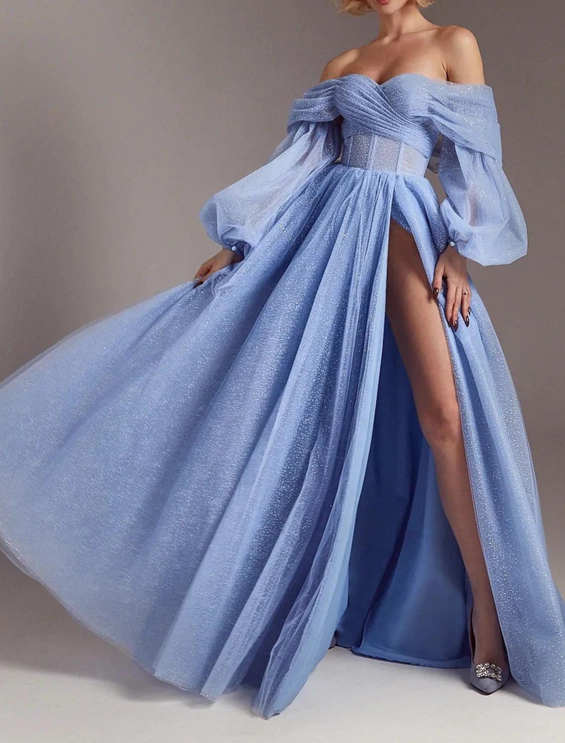 A-Line Evening Dresses Corsets Dress Formal Wedding Party Dress Floor Length Long Sleeve Off Shoulder Tulle