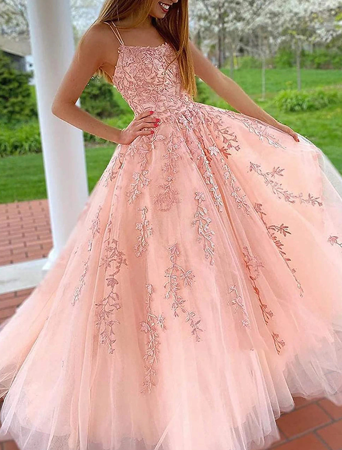 A-Line Evening Dresses Floral Dress Formal Wedding Guest Chapel Train Sleeveless Spaghetti Strap Tulle