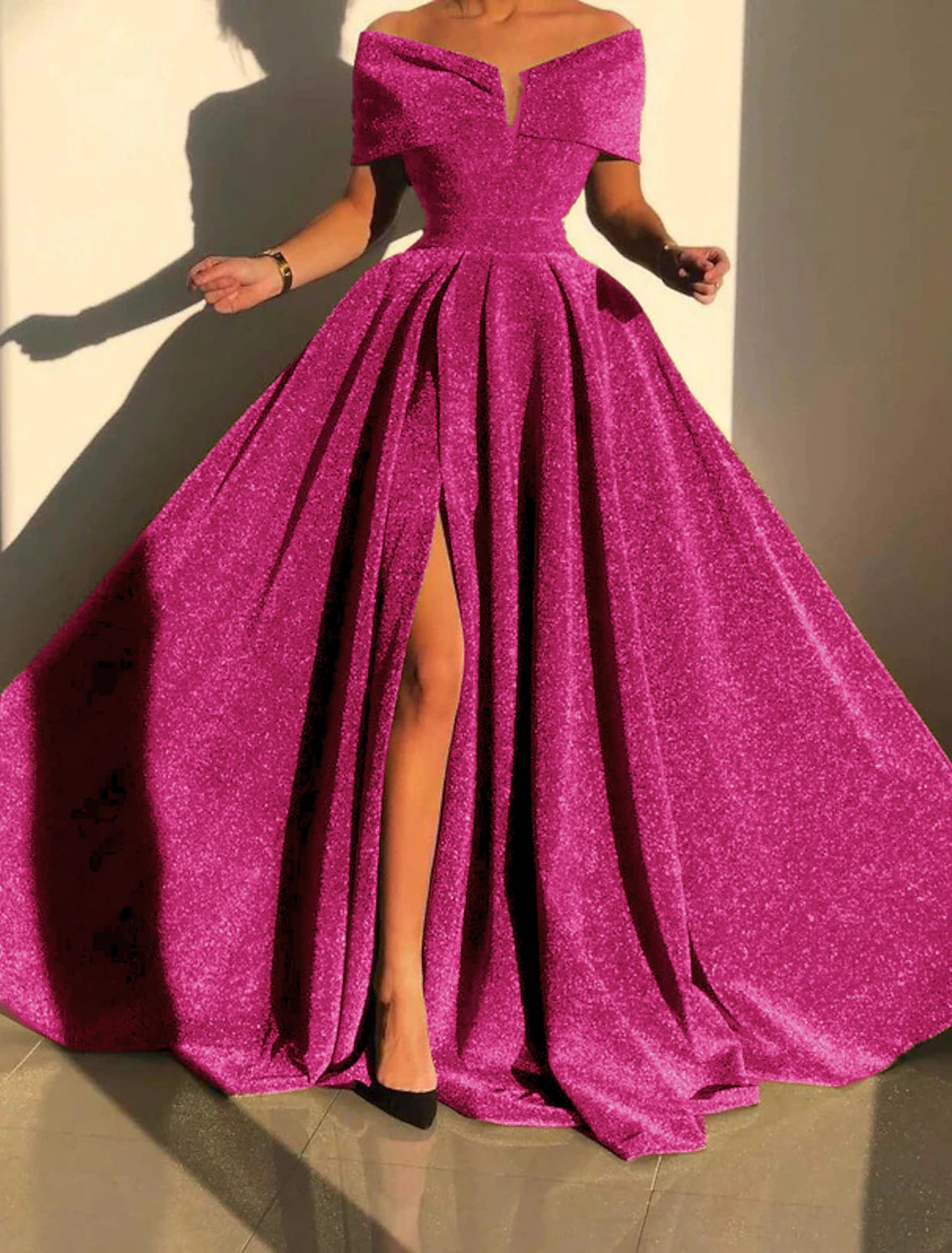 A-Line Evening Gown Sparkle & Shine Dress Formal Fall Court Train Sleeveless Off Shoulder Sequined