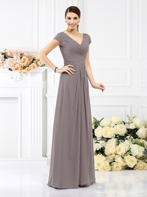 Weitese A-Line/Princess V-neck Pleats Short Sleeves Long Chiffon Bridesmaid Dresses