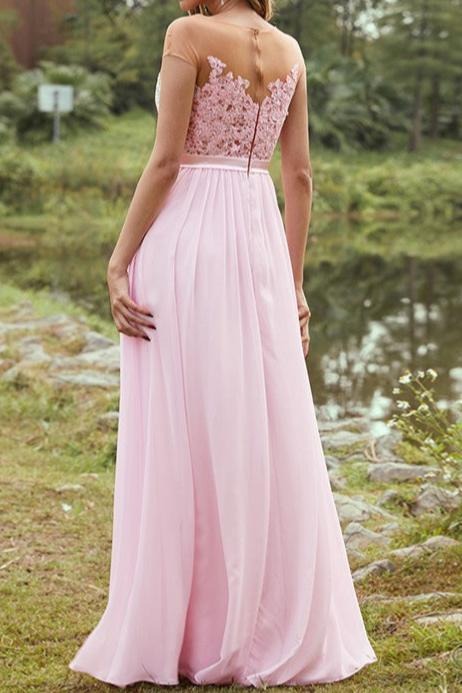 Weitese A-Line/Princess Chiffon Applique Scoop Short Sleeves Floor-Length Bridesmaid Dresses