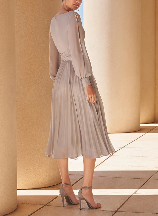 A-Line V-Neck Long Sleeves Tea-Length Chiffon Mother Of The Bride Dresses