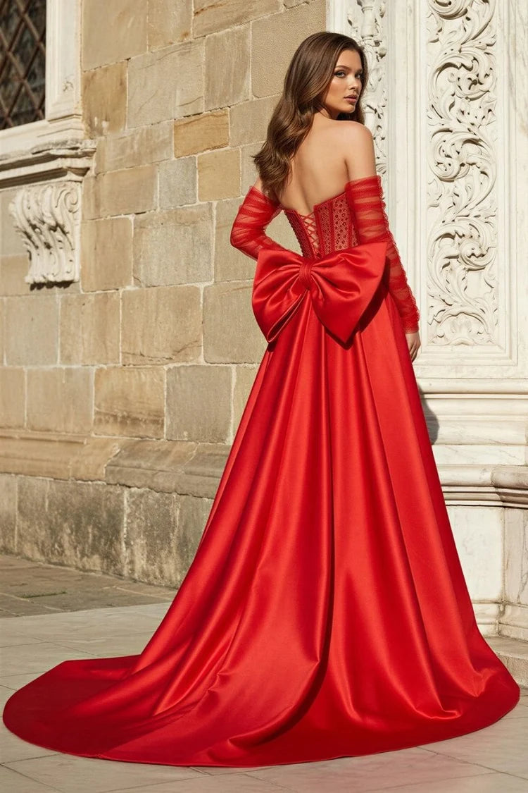 Red Satin and Beaded Mesh A-Line Sweetheart Lace-Up Back Floor-Length Dress