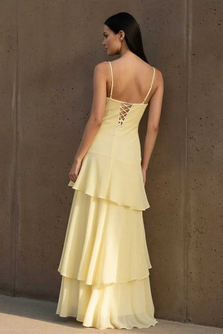 Butter Chiffon Tiered Sweetheart Lace-Up Back Floor-Length Dress
