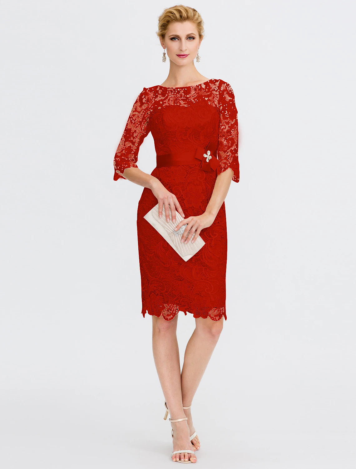 Robe de mère de la mariée fourreau/colonne Weitese, grande taille, élégante, col illusion, longueur genou, dentelle intégrale, manches 3/4 avec nœud(s)