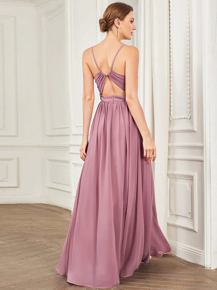Weitese Chiffon Spaghetti Strap V-Neck Pleated A-Line Bridesmaid Dress