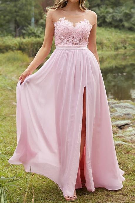 Weitese A-Line/Princess Chiffon Applique Scoop Short Sleeves Floor-Length Bridesmaid Dresses