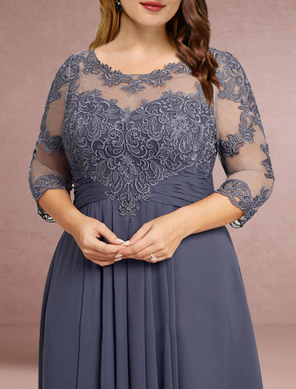 Weitese Sheath / Column Mother of the Bride Dress Wedding Guest Elegant Jewel Neck Asymmetrical Chiffon Lace 3/4 Length Sleeve with Pleats Solid Color