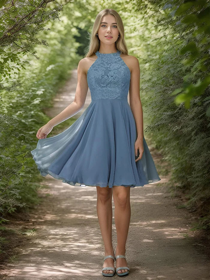 Robe de soirée courte en mousseline de soie et dentelle Weitese, dos nu