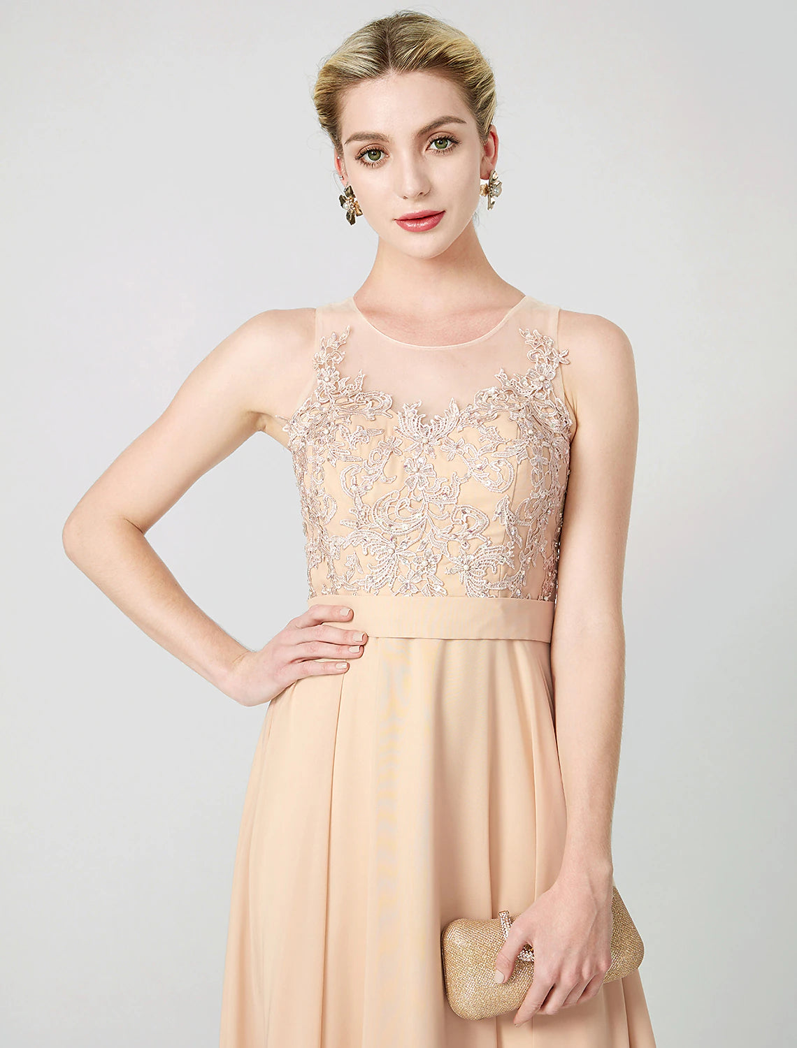 Weitese A-Line Classic & Timeless Keyhole Pastel Colors Holiday Cocktail Party Prom Dress Illusion Neck Sleeveless Floor Length Chiffon Beaded Lace with Pleats Appliques