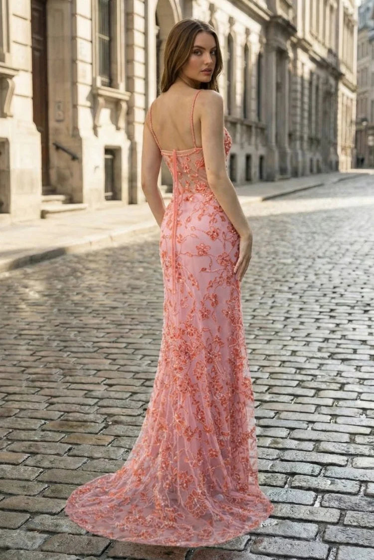 Spaghetti strap 3D floral lace mermaid prom gown
