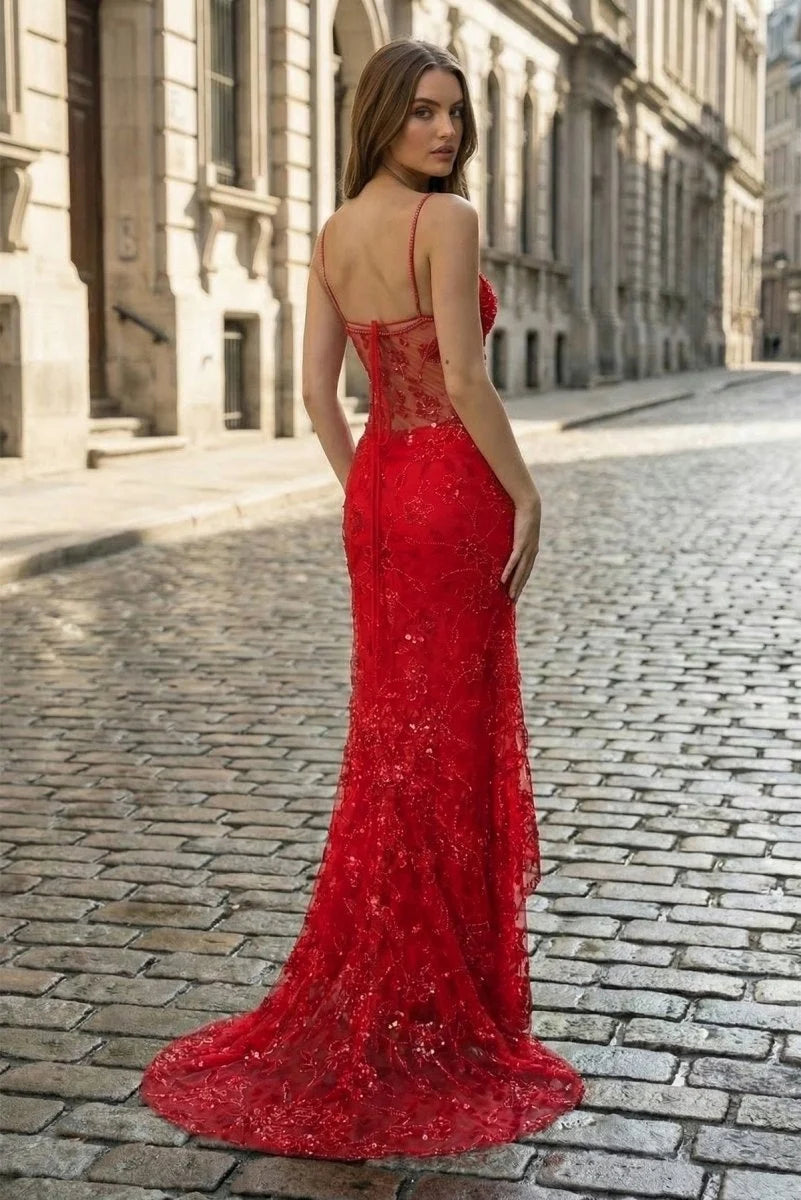 Red Mesh with Sequin Floral Lace Mermaid Sweetheart Floor-Length Dress
