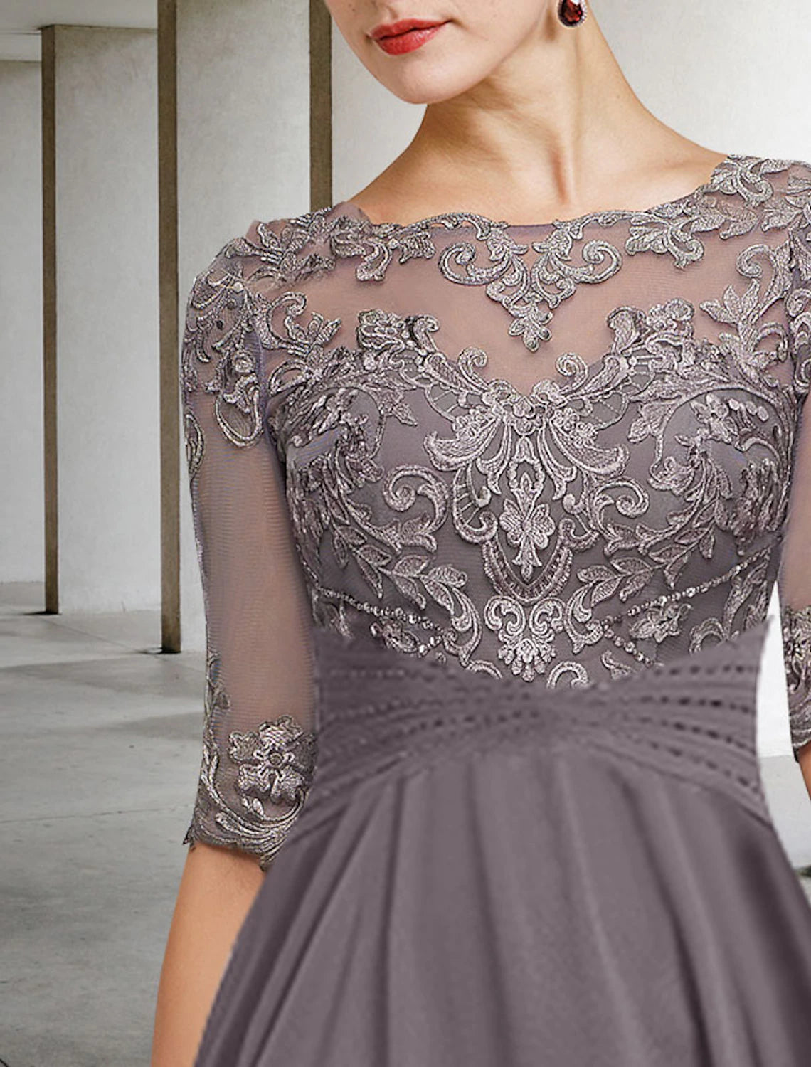 Robe mère de la mariée Weitese coupe trapèze grande taille, élégante, col haut et bas, asymétrique, longueur cheville, mousseline de soie, dentelle, manches mi-longues, avec volants et perles appliqués