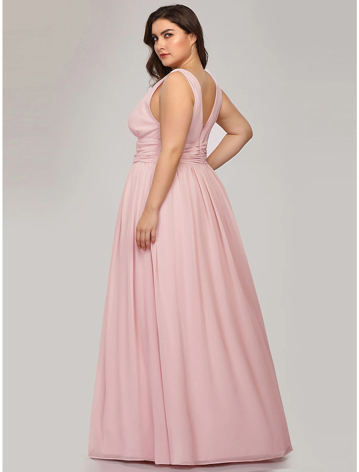 Weitese A-Line Plus Size Wedding Guest Formal Evening Dress V Neck V Back Sleeveless Floor Length Chiffon with Pleats