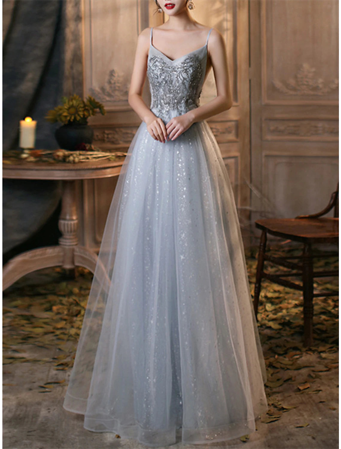 Weitese A-Line Prom Dresses Elegant Dress Wedding Guest Prom Floor Length Sleeveless Spaghetti Strap Tulle with Pleats Beading