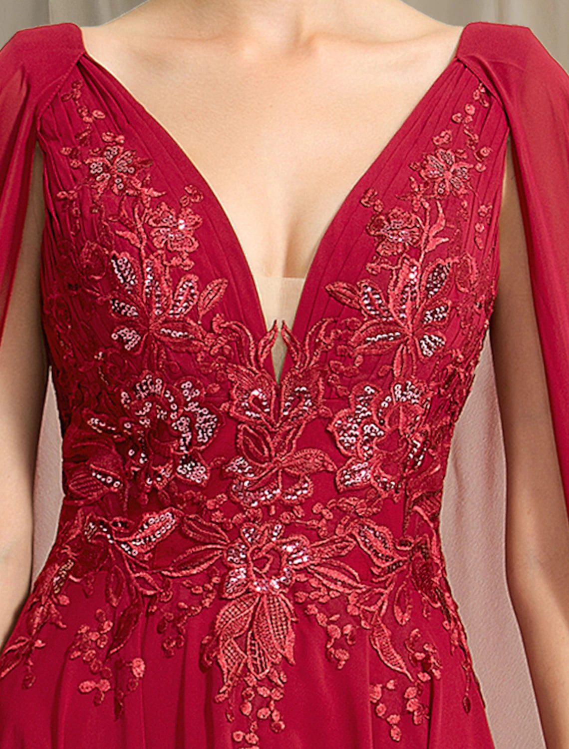 Robe mère de la mariée Weitese coupe trapèze grande taille, élégante, col en V, traîne courte, en mousseline de soie, dentelle, sans manches, avec plis et appliques à paillettes