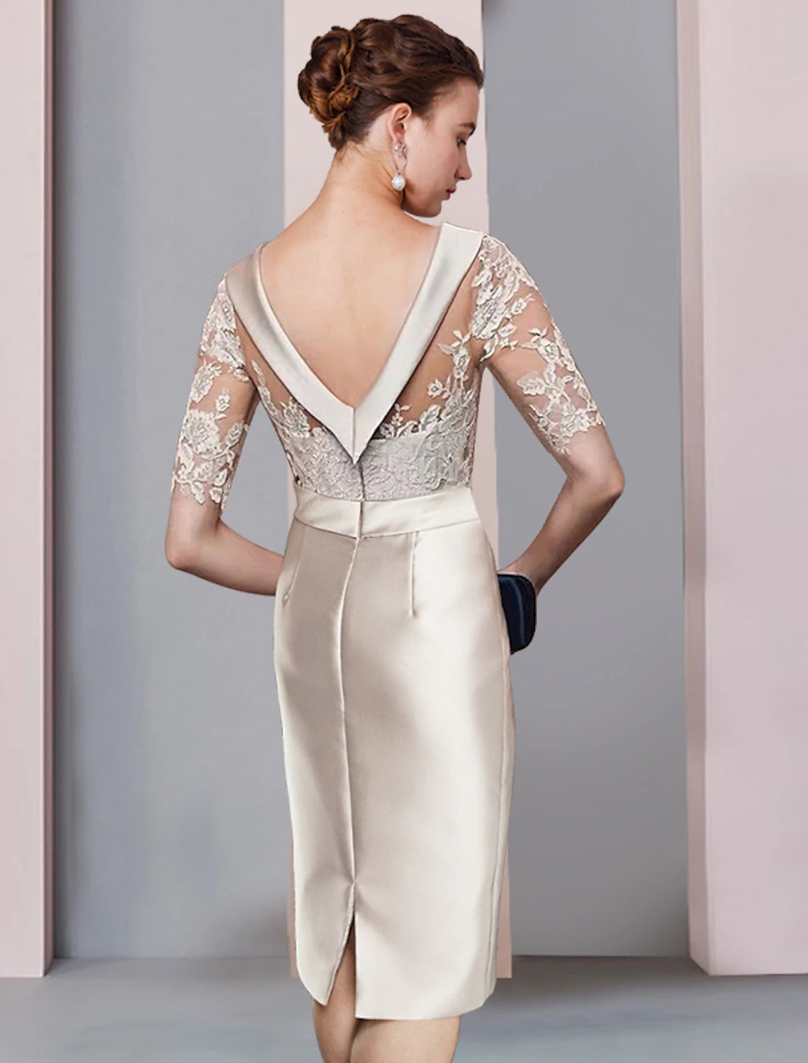 Weitese Sheath / Column Mother of the Bride Dress Wedding Guest Elegant Scoop Neck Knee Length Satin Lace Half Sleeve with Bow(s) Appliques