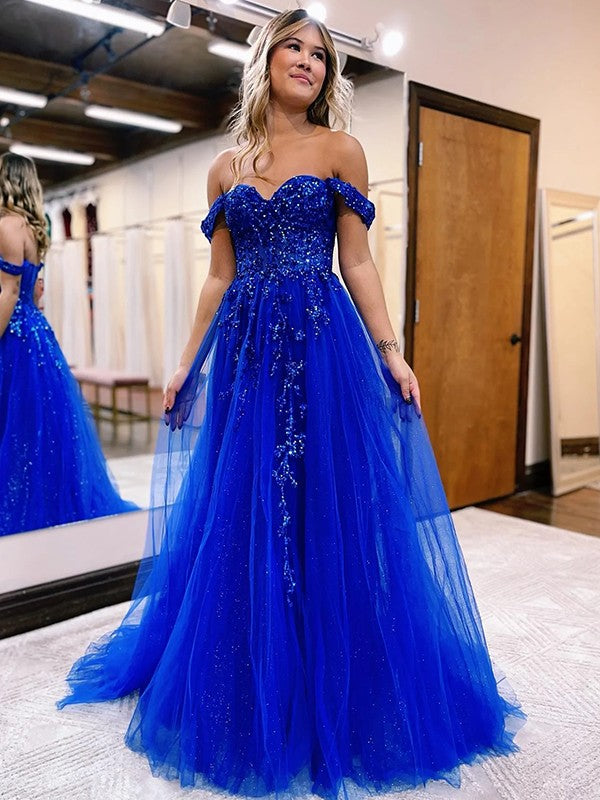 Weitese A-Line/Princess Tulle Applique Off-the-Shoulder Sleeveless Sweep/Brush Train Dresses