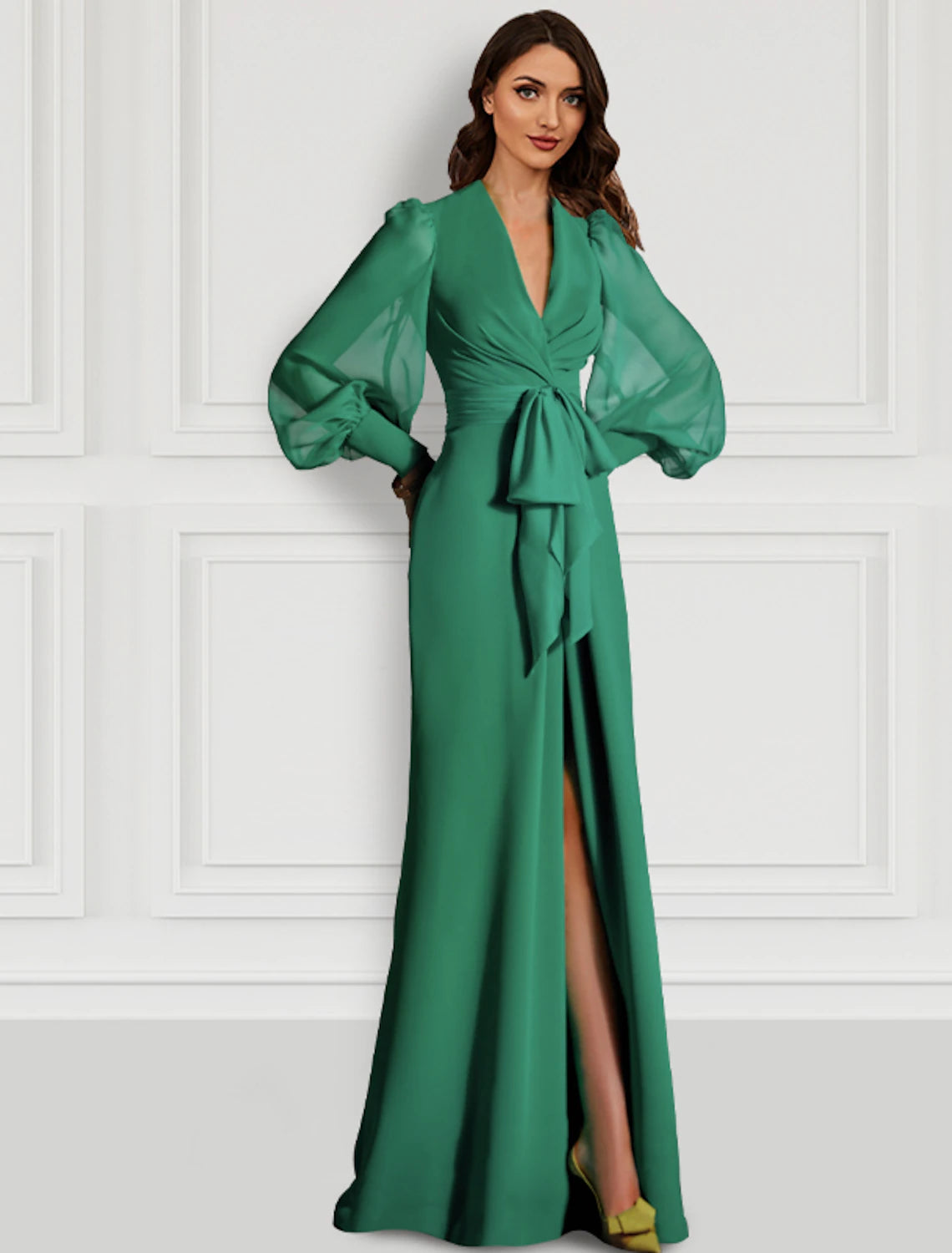 Weitese Mermaid Christmas Red Green Dress Evening Gown Elegant Dress Formal Wedding Guest Sweep / Brush Train Long Sleeve V Neck Fall Wedding Guest Chiffon with Slit Strappy