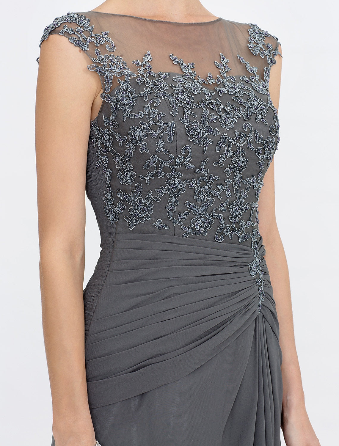 Weitese A-Line Mother of the Bride Dress Wedding Guest Elegant See Through Bateau Neck Floor Length Chiffon Lace Sleeveless with Side Draping Fall