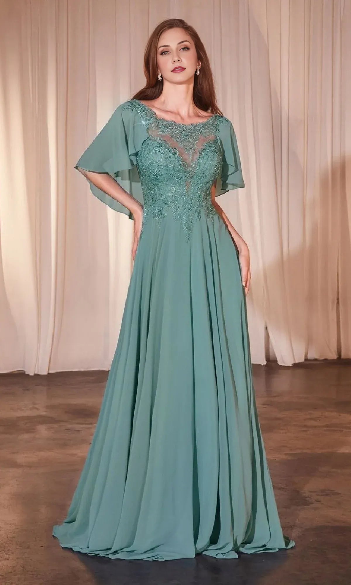 Weitese Dress Elegant Cape-Sleeve Long A-Line Prom Dress Boat Neck Floor-Length Mother of the Bride Dress