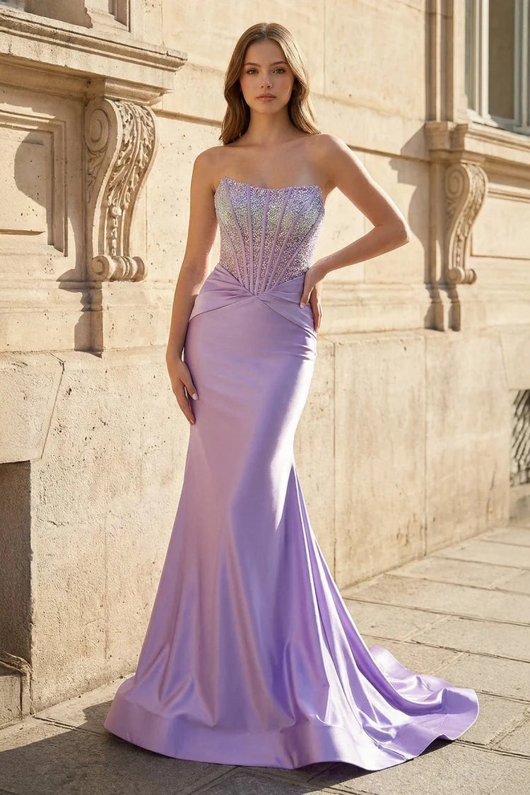 Lilac Satin Trumpet Sweetheart Lace-Up Back Floor-Length Dress