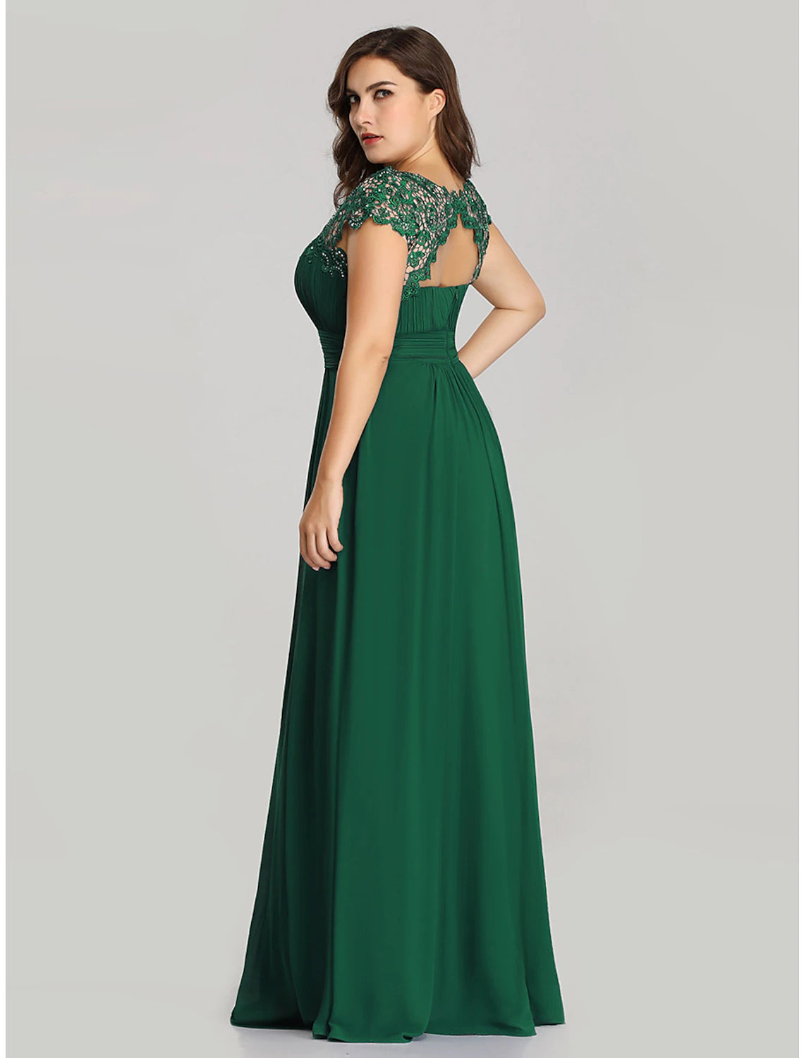 Weitese A-Line Mother of the Bride Dress Wedding Guest Plus Size Jewel Neck Floor Length Chiffon Short Sleeve with Lace Ruching Fall